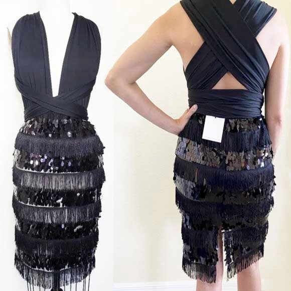 BLITHE Dresses & Skirts - BLITHE Womens Black Fringe and Sequin Party Dress Retro 20s L NWT